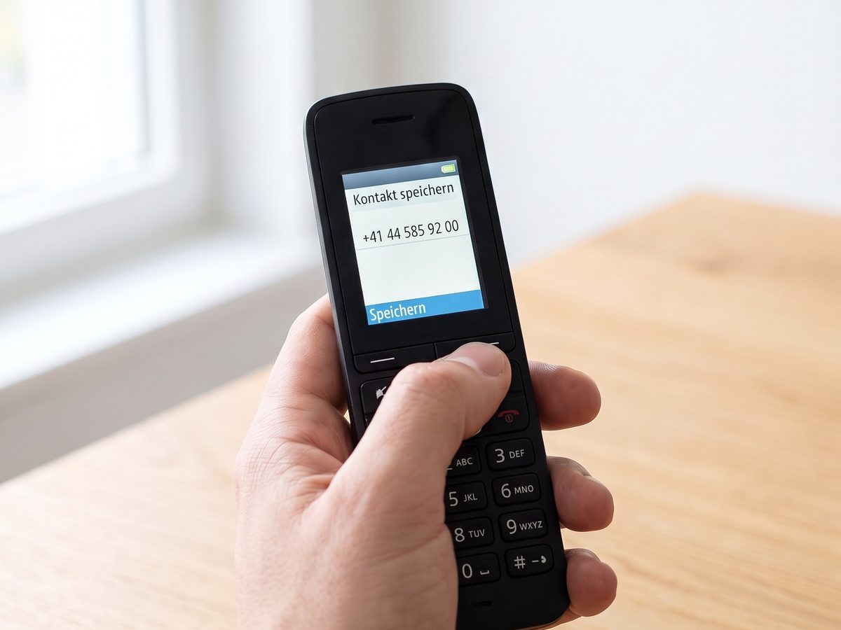 DECT handset held in a hand: the number of an unknown caller is saved as a contact directly on the phone