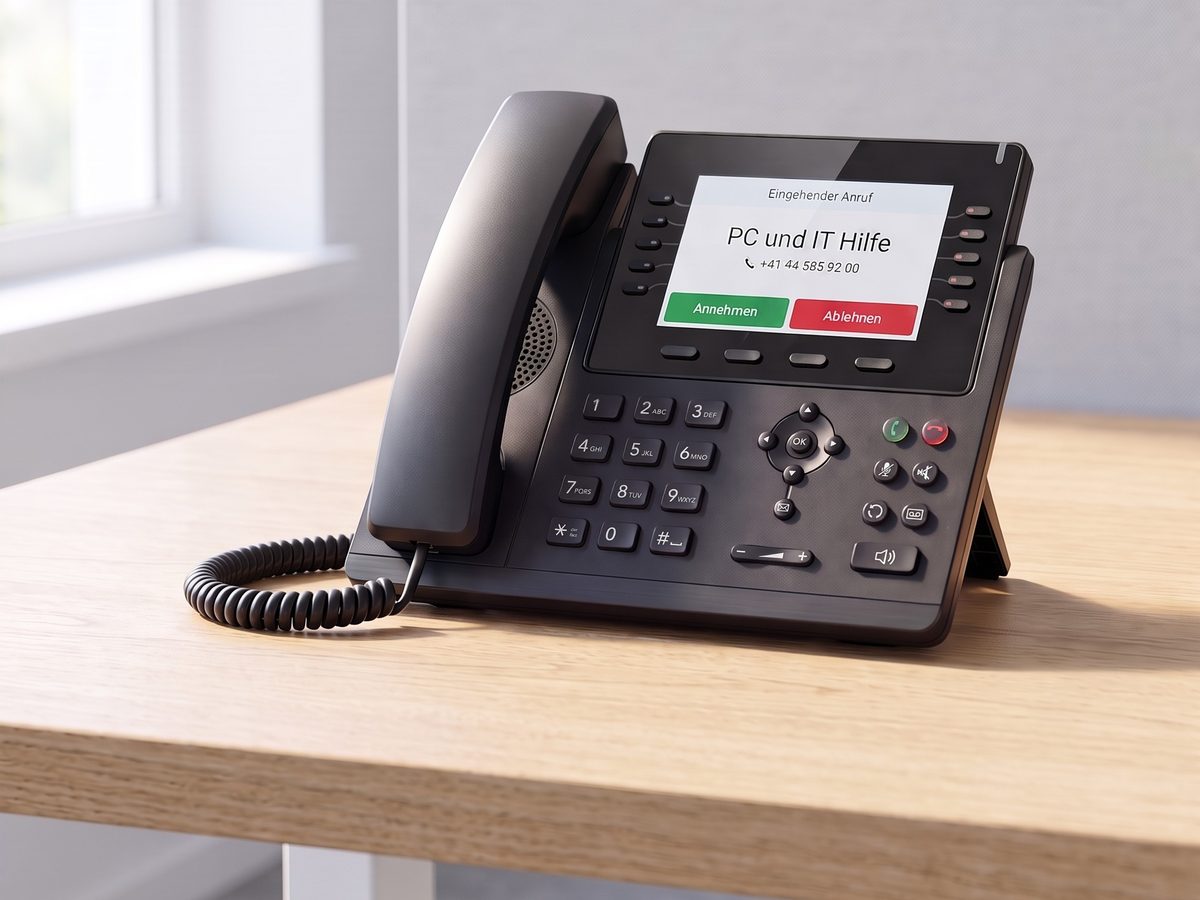 Yealink desk phone showing the caller name «PC und IT Hilfe» from the central phonebook on an incoming call